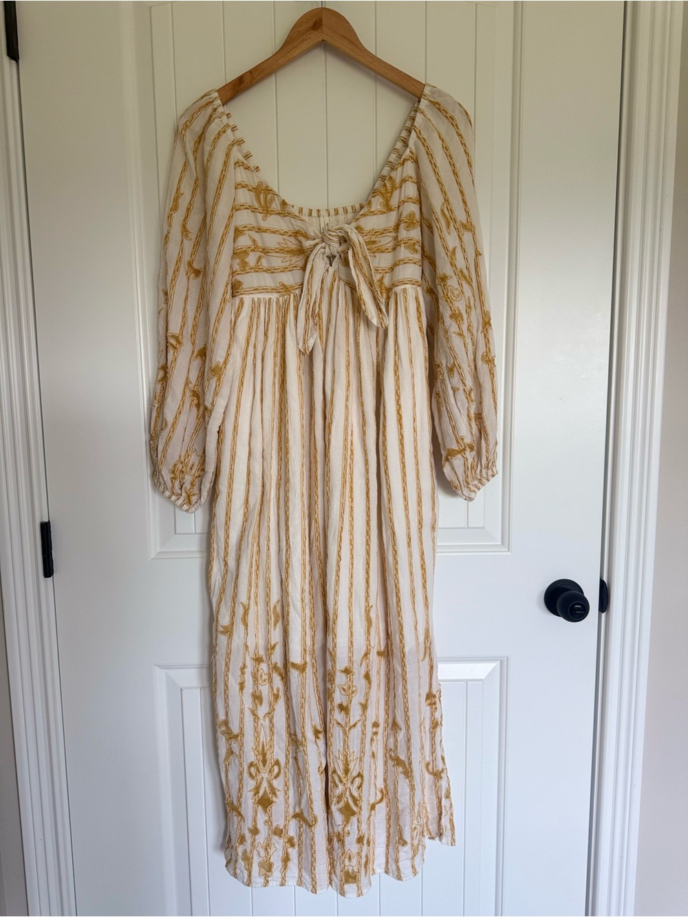 Anthropologie Embroidered Sweetheart Maxi Dress Ivory Gold Boho Balloon Sleeve S - Picture 2 of 14